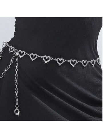 1pc Fashion Heart Rhinestone Waist Chain, Metal Woven Waist Belt, Suitable For Women, Versatile For Summer Dresses Summer, School Fall, Autumn, Halloween