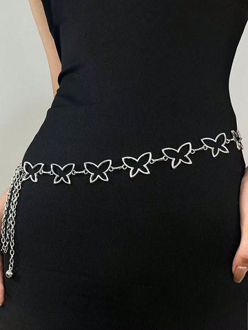 1pc Fashionable Star Heart Butterfly Metal Waist Chain, Minimalist Gold/Silver Adjustable Body Jewelry Dress Accessory For Women Summer Fall, Autumn, Halloween
