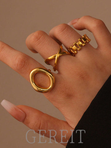 GEREIT 3pcs Set Fashionable 18K 316L Stainless Steel Hollow Circle Criss-Cross Ring Set, Suitable For Daily Wear