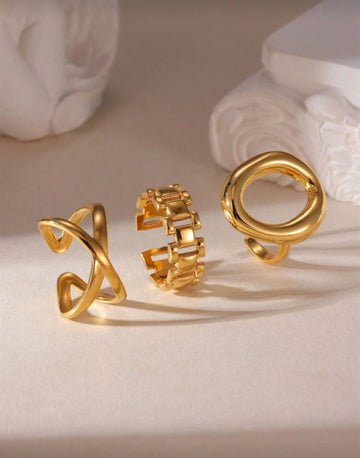 GEREIT 3pcs Set Fashionable 18K 316L Stainless Steel Hollow Circle Criss-Cross Ring Set, Suitable For Daily Wear