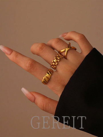 GEREIT 3pcs/Set 18K Stainless Steel Chain Style Hollow Cross Finger Rings, Suitable For Women Daily Wear