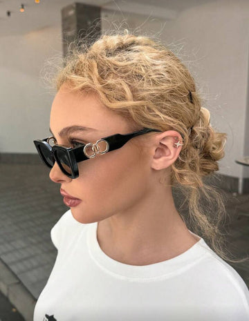DareSee 1pc Women Small Rectangular Lens Metal Double Circle Decor Beach Party Vacation Fashion Glasses Boho Shades Beach Accessories Beach Accessories For Women Glasses Shades Basics Fall Winter Women Outfits Clothes Business Casual