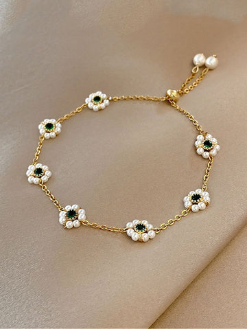 1pc Fashionable Emerald Zirconia Pearl Bracelet, Minimalist Unique Design (2 Styles Randomly Sent)