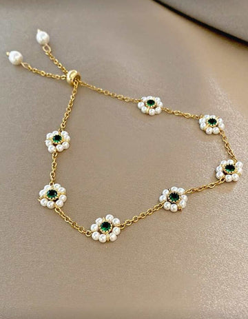 1pc Fashionable Emerald Zirconia Pearl Bracelet, Minimalist Unique Design (2 Styles Randomly Sent)