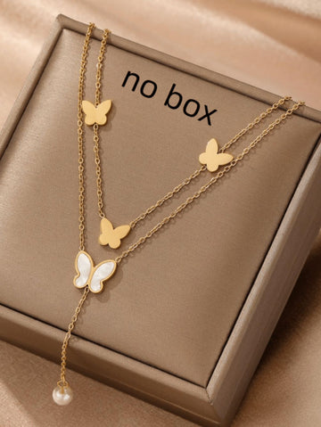 1pc Vintage Elegant Double Layer Gold Butterfly Shell Pendant Necklace, Simple Chic Style (OPP Bag Packaging Box For Shooting Only)