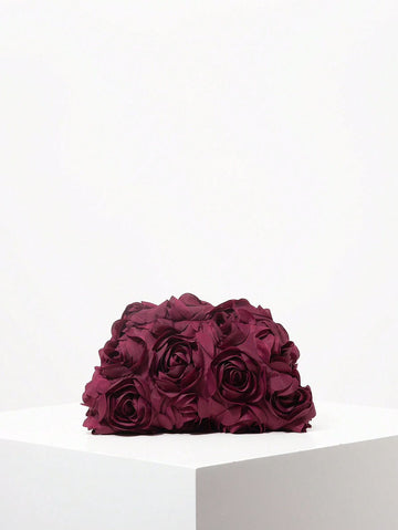 Elegant Rose Flower Pattern Handbag, Wedding/Party/Banquet Clutch Bag, Glitter Prom Party Pouch, Women's Birthday Dress Accessory, Burgundy Purse, Christmas Bags (Pattern Random) Valentines