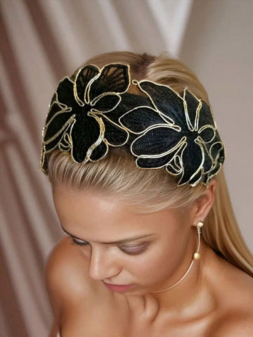 1 Pc Classical Netting Lace Wide-Brimmed, With Embroidered Retro Pattern As Decorative Headwear, Headpiece, Suitable For Women And Daily Use,Hairband,Hair Hoop Headbands, Black