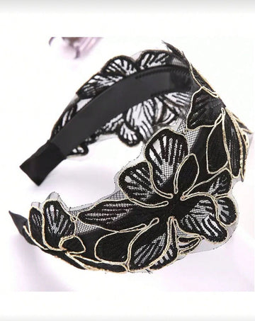 1 Pc Classical Netting Lace Wide-Brimmed, With Embroidered Retro Pattern As Decorative Headwear, Headpiece, Suitable For Women And Daily Use,Hairband,Hair Hoop Headbands, Black