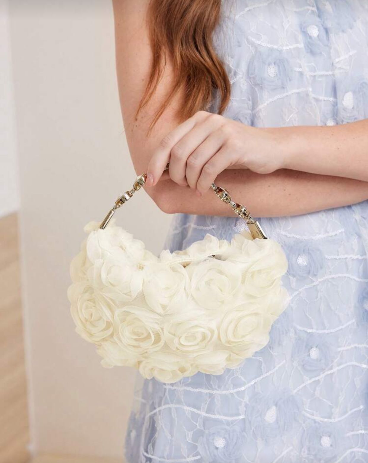 MOTF PREMIUM 3D ROSE DECORATED RHINESTONE EMBELLISHED TOP HANDLE BAG