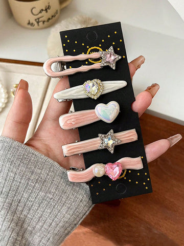 5pcs/Set Heart Wave Design Bangs & Side Hair Clips For Women, Daily Use (No Cardboard Packaging) Valentine's Day Claw Clips Hair Claws Hair Barrettes, School Stuff