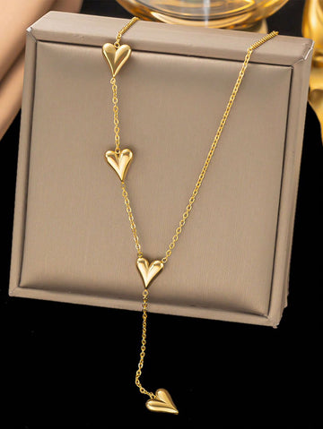 1pc Stainless Steel Heart Shaped Pendant Necklace With Golden Tassel, Perfect Accessory For Women To Wear On Beach, Mother's Day Gift, No Gift Box Included Valentines