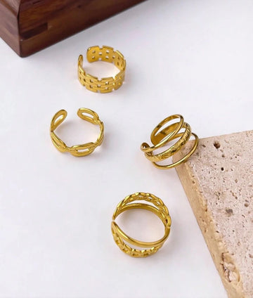 New Arrival 4pcs/Set Simple & Luxurious, Waterproof 18k Gold Hollow Out Square Cross Design Lady Rings For Mix & Match To Create A High-End Look
