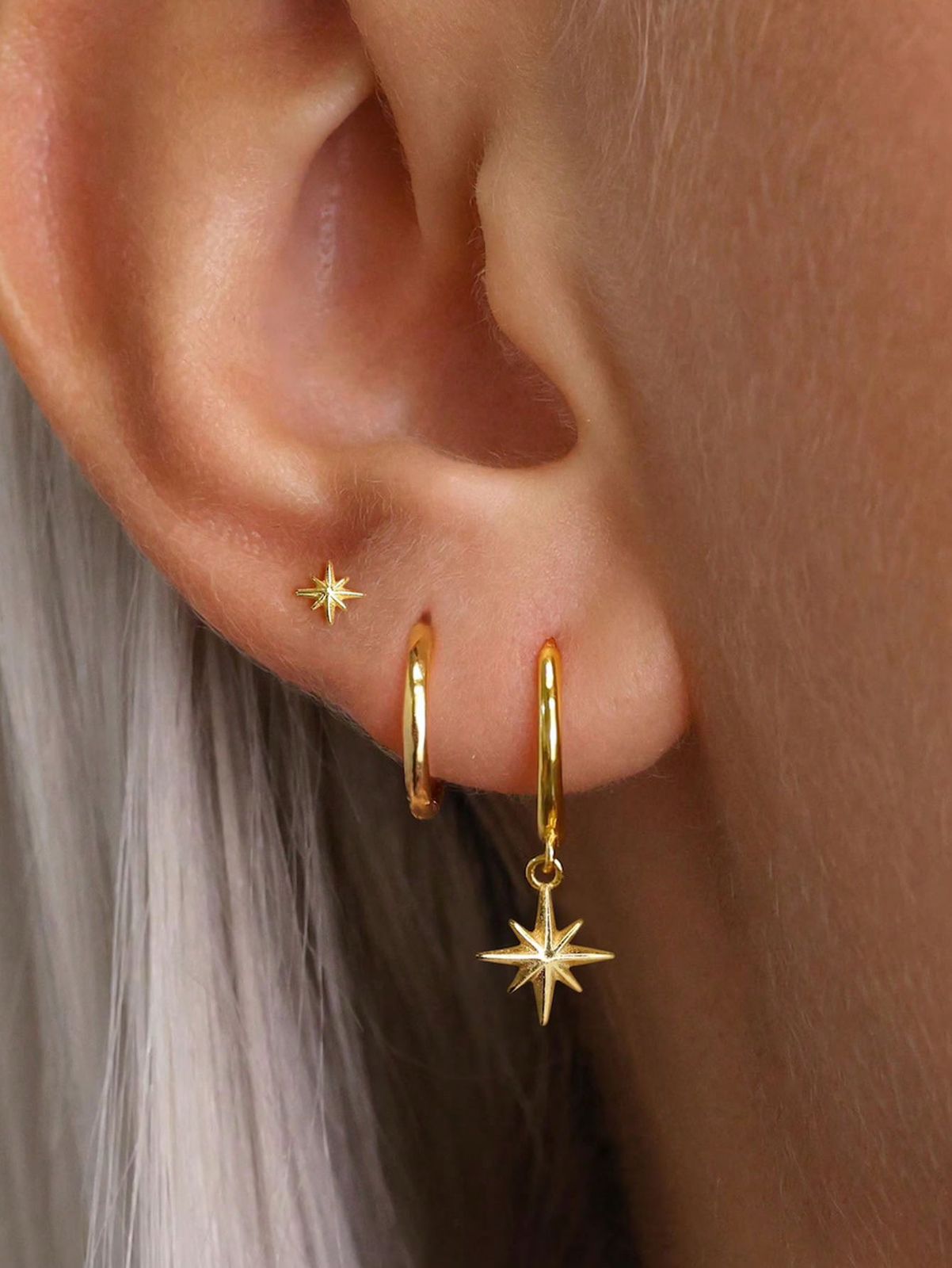3pcs Dainty Earring Set, 14K Gold Plated Earrings With Star Design, Hypoallergenic Exquisite Cartilage Huggie Hoop Stud Earring Everyday Earring Stack For Sensitive Ears