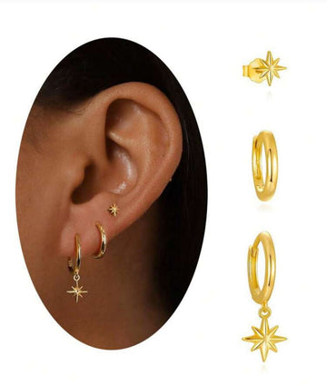 3pcs Dainty Earring Set, 14K Gold Plated Earrings With Star Design, Hypoallergenic Exquisite Cartilage Huggie Hoop Stud Earring Everyday Earring Stack For Sensitive Ears
