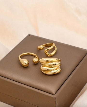3pcs/Set INS Style Asymmetrical Multi-Layer Wrapped Gold Color Rings Fashionable Versatile Rings Set For Women