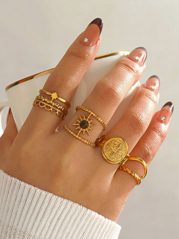 4pcs Set Stainless Steel 18K Gold Plated Fashionable Star Sun Open Ring, Suitable For Daily Wear For Women