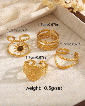 4pcs Set Stainless Steel 18K Gold Plated Fashionable Star Sun Open Ring, Suitable For Daily Wear For Women