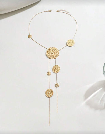 1pc Women's Y-Shaped Necklace, Fashion Asymmetrical Hammered Round Disc Geometric Pendant Long Tassel Necklace, Accessory For Daily Outfit