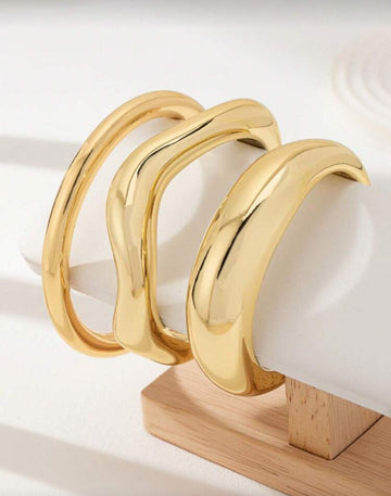 3 Pcs Golden Color Chunky Bracelets Set For Women Water Proof Bangles Set Basic Design Stacked Bracelet