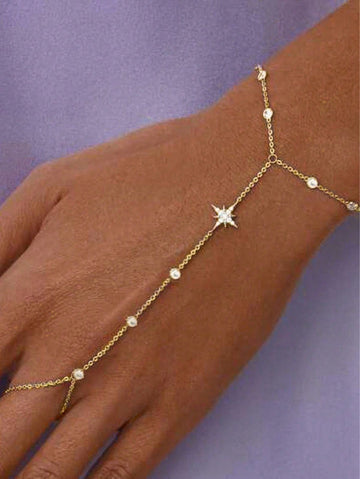 1pc Gold Rhinestone Decor Finger Hand Chain Bracelet, Fashionable High-End Jewelry, Bride Hand Jewelry