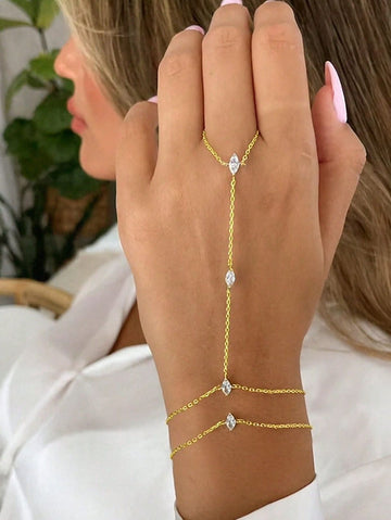 2pcs Bohemian Rhombus Crystal Finger Hand Chain, Minimalist Fashion Rhinestone Hand Harness Bracelet Set, Jewelry Accessories Gift For Women