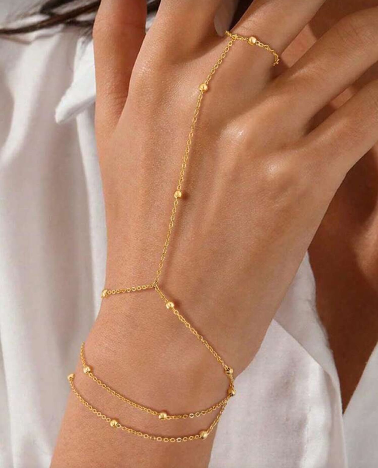 1pc Minimalist Stainless Steel 18K Gold Plated Three-Layer Cross Ball Chain Linked Finger Ring Bracelet