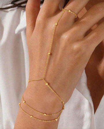 1pc Minimalist Stainless Steel 18K Gold Plated Three-Layer Cross Ball Chain Linked Finger Ring Bracelet