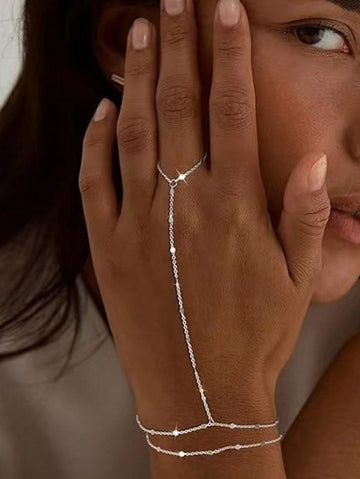 1pc Stainless Steel Minimalist Versatile Metal Flattened Bracelet & Finger Chain Jewelry Set (Flattened Disc Position Random)