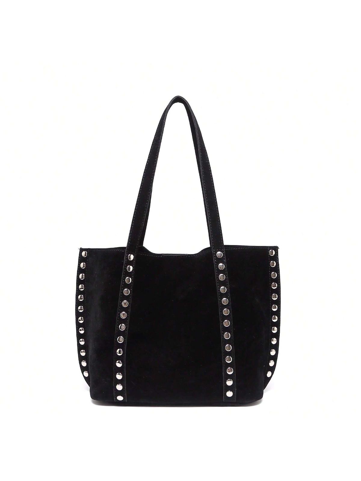 Black Large Capacity Commuter Tote Bag For Women Fashion Rivet Decor Shoulder Bag With Unique Elements Elegant Suede Design Handbag, Suitable For Dating, Daily, Shopping, Beach Vacation And Various Occasions