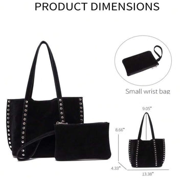 Black Large Capacity Commuter Tote Bag For Women Fashion Rivet Decor Shoulder Bag With Unique Elements Elegant Suede Design Handbag, Suitable For Dating, Daily, Shopping, Beach Vacation And Various Occasions