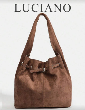 Women's Handbag, Coffee Colored, Retro Metal Buckle Tote Bag, Large Capacity Suede Like Texture French Style Large Capacity Shoulder Bag, Lightweight Metal Buckle Decoration, Western Style, Women's Shoulder Bag, Tote Bag