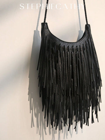 STEPHIECATHY Bohemia Style PU Vegan Leather Tassel Fringe Zipper Closure Braid Long