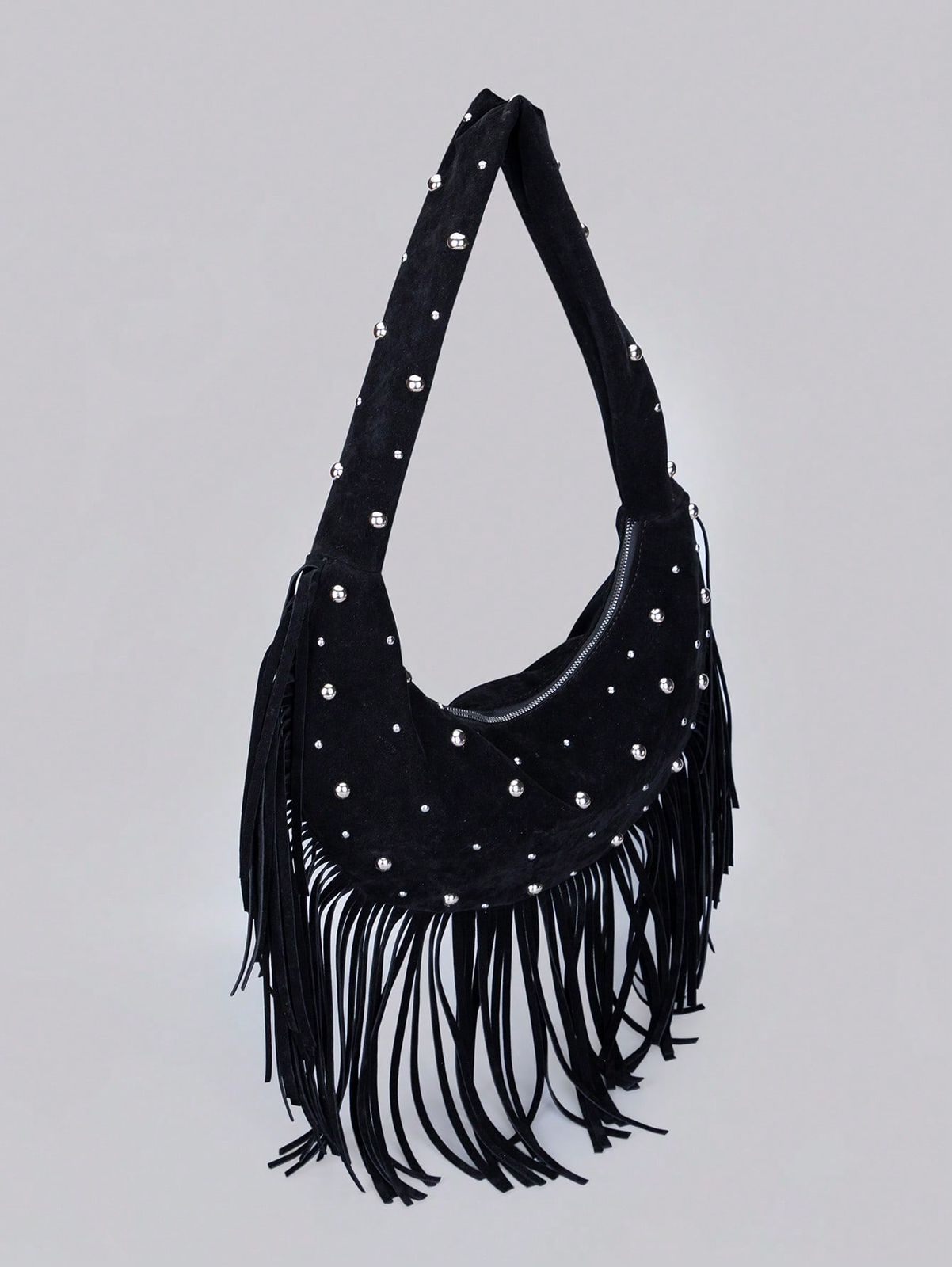 Black Suede Material Rivets Inlaid Tassel Decoration Zip Closure Fashion Modern Quiet Luxury Style Crescent Moon Bag Y2k Punk Style Ladies Shoulder Bag Casual Minimalist Style Stray Bag Suitable