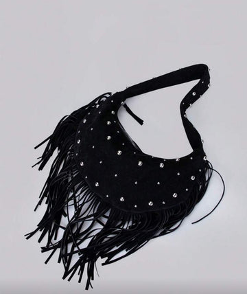 Black Suede Material Rivets Inlaid Tassel Decoration Zip Closure Fashion Modern Quiet Luxury Style Crescent Moon Bag Y2k Punk Style Ladies Shoulder Bag Casual Minimalist Style Stray Bag Suitable