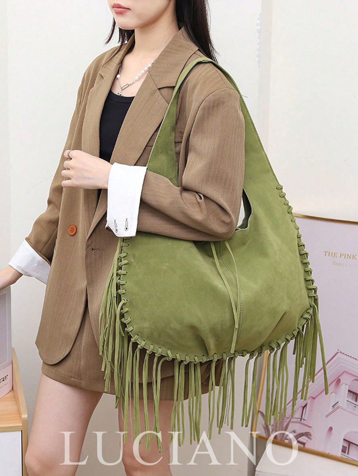 New Fashionable Autumn And Winter Maillard Series Solid Color Tassel Large Bag Retro Frosted Velvet Suede Large Capacity Tote Bag Casual Daily Travel Commuter Shoulder Bag Shopping Bag Armpit Green