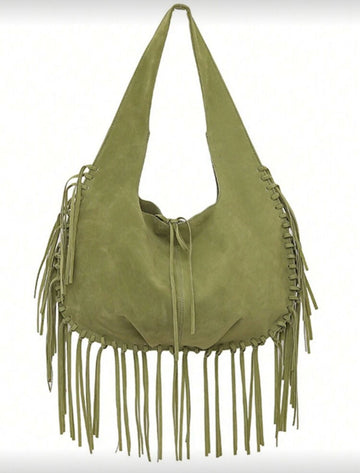 New Fashionable Autumn And Winter Maillard Series Solid Color Tassel Large Bag Retro Frosted Velvet Suede Large Capacity Tote Bag Casual Daily Travel Commuter Shoulder Bag Shopping Bag Armpit Green