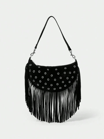 1pc Bohemian Style Tassels Decorated Western Style Rivet Decor Women Shoulder Bag