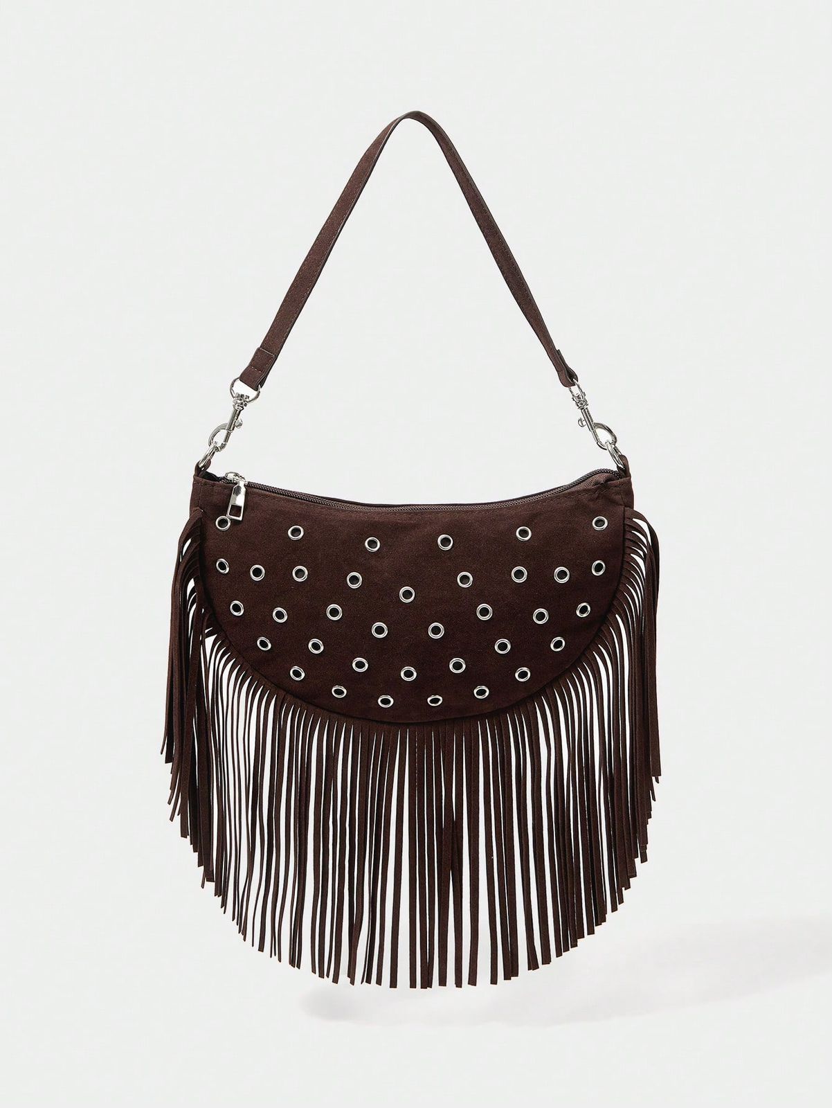 SHECARRY 1pc Bohemian Style Tassels Decorated Western Style Rivet Decor Women Shoulder Bag