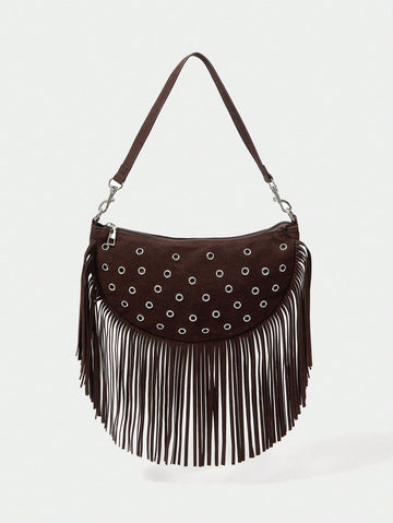 SHECARRY 1pc Bohemian Style Tassels Decorated Western Style Rivet Decor Women Shoulder Bag