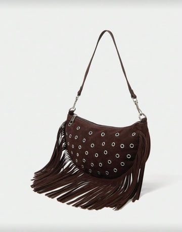 SHECARRY 1pc Bohemian Style Tassels Decorated Western Style Rivet Decor Women Shoulder Bag