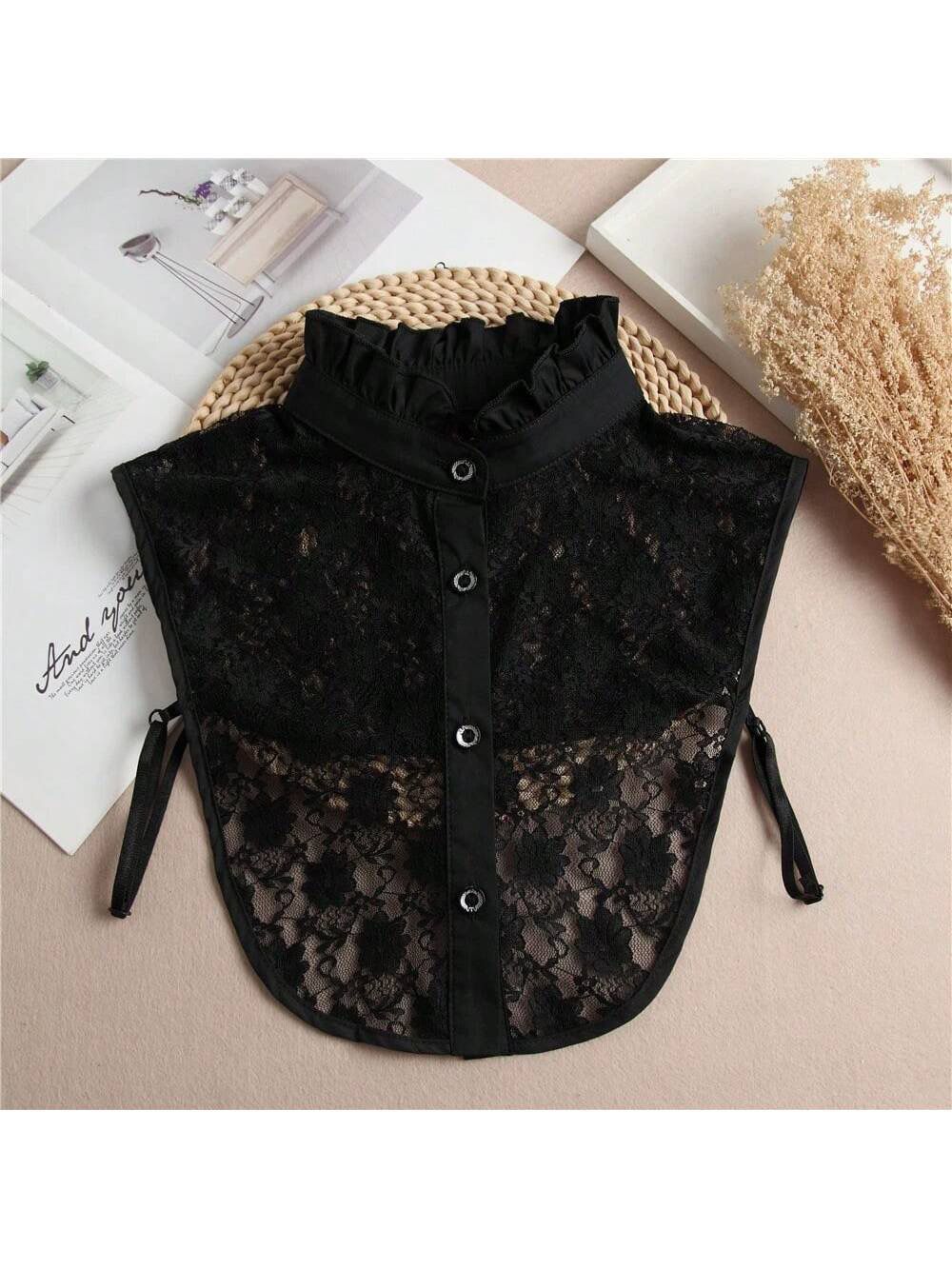 1pc Women's Black Lace Ruffle Edge Detachable Adjustable Casual Retro Dickey Collar For Spring & Autumn, Comfortable & Breathable