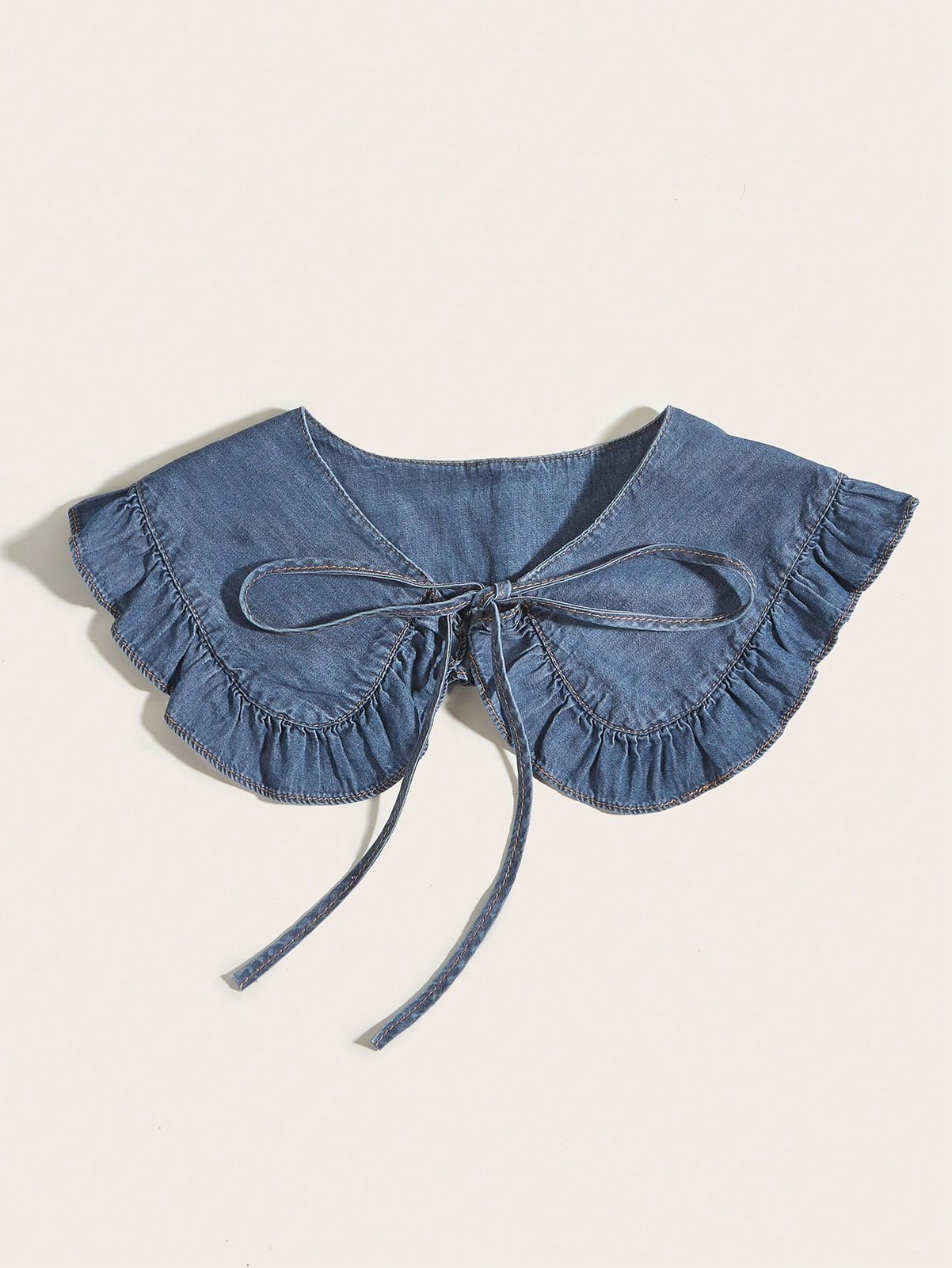 1 Piece Of Women's Blue Washed Denim Fake Collar Pleated Lace Shawl Collar Fashionable Personalized Matching Cute Valentine's Day