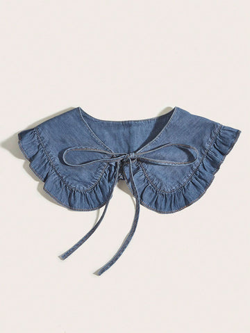 1 Piece Of Women's Blue Washed Denim Fake Collar Pleated Lace Shawl Collar Fashionable Personalized Matching Cute Valentine's Day
