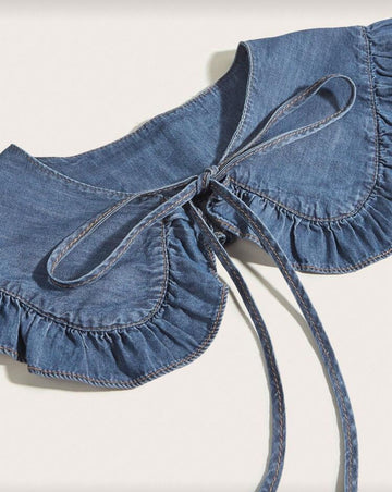 1 Piece Of Women's Blue Washed Denim Fake Collar Pleated Lace Shawl Collar Fashionable Personalized Matching Cute Valentine's Day