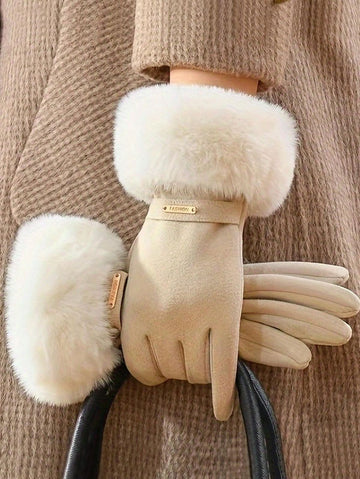 Women's Touchscreen Gloves In Beige, Waterproof With Soft Warm Thermal Lined , Winter Outdoor Gloves Halloween