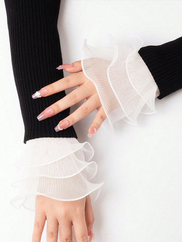 1 Pair 3-Layer Sheer Elastic Bell Sleeve Cuffs Decor For Women