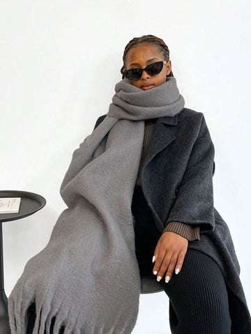 1pc Women's Fuzzy Long Solid Color Scarf , Winter Warm Neck, Big&Thick WrapOversize Warm Blanket Scarf With Tassel ,Thickened Knitted Thick Fringed Shawl,