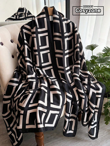1pc Beach Accessories Elegant Silk-Like Geometric Print Scarf, Versatile For Women As Fashion Accessory, Shawl, Sarong For Beach, Sunscreen