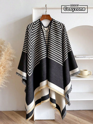 1pc Minimalist Geometric Line Pattern Jacquard Thick Open Front Poncho Shawl, Warm & Windproof Women's Fashion Versatile Air Conditioning Shawl Suitable