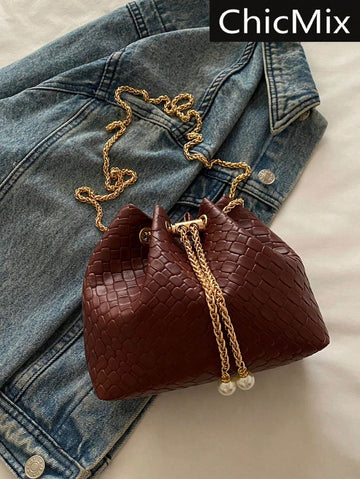 Fashionable Solid Color Chain Strap Mini Bucket Crossbody Bag